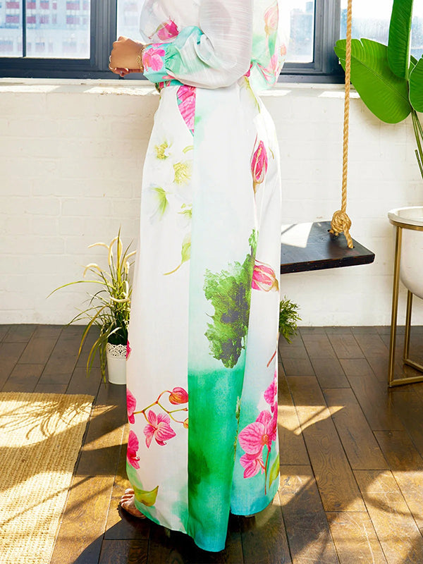 High Waisted Straight Leg Asymmetric Floral Printed Split-Joint Pants Trousers