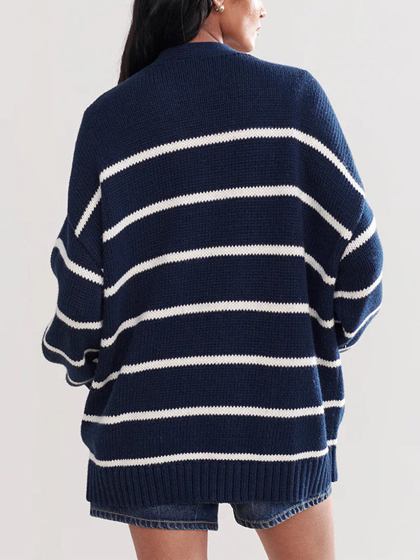 Long Sleeves Loose Split-Joint Striped V-Neck Cardigan Tops