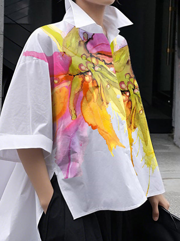 Half Sleeves High-Low Buttoned Flower Print Split-Side Stand Collar Blouses&Shirts Tops