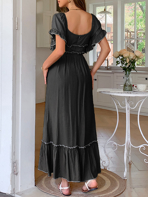 A-Line High Waisted Pleated Ruffle Trim Split-Joint Zipper Square-Neck Midi Dresses