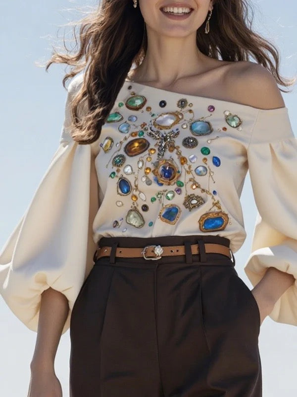 Long Sleeves Puff Sleeves Printed Off-The-Shoulder Blouses&Shirts Tops