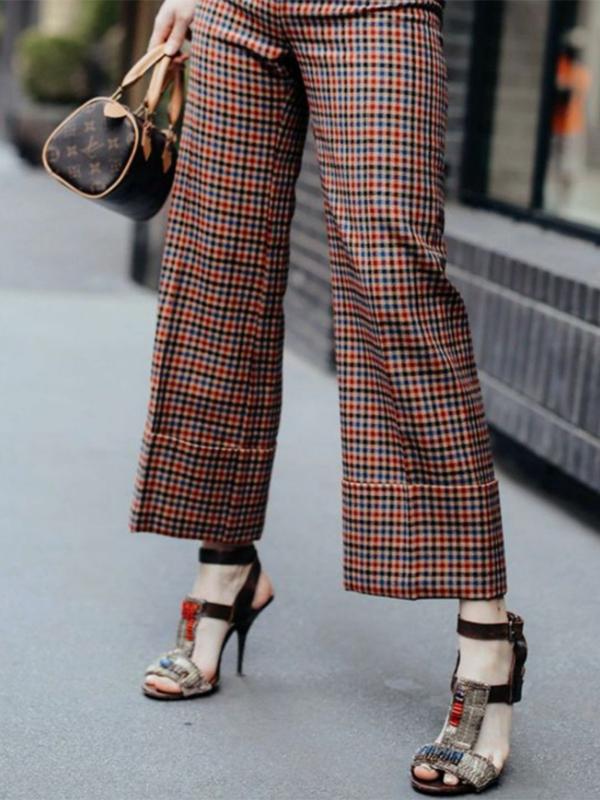 Column Contrast Color Plaid Casual Pants Bottoms Trousers