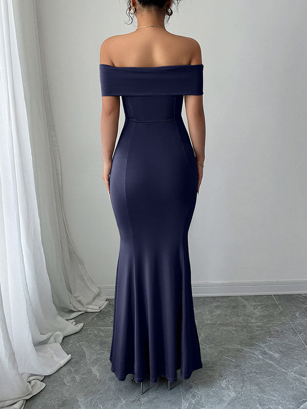 Bodycon High Waisted Solid Color Zipper Off-The-Shoulder Maxi Dresses