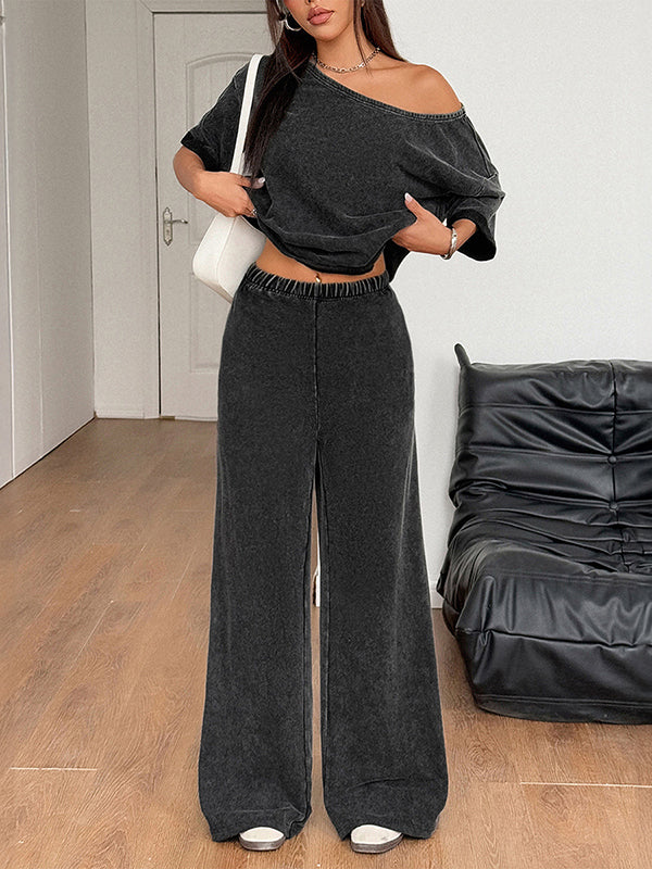 Loose Short Sleeves Solid Color One-Shoulder T-Shirt Top + Pockets Pants Bottom Two Pieces Set