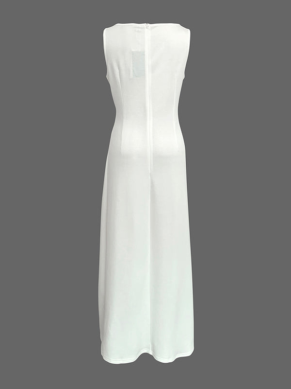 Sleeveless Gauze Pleated Solid Color Split-Joint Round-Neck Evening Dresses Maxi Dresses