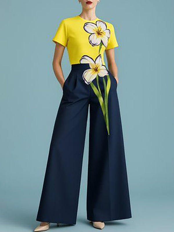Short Sleeves Flower Print Round-Neck T-Shirts Tops