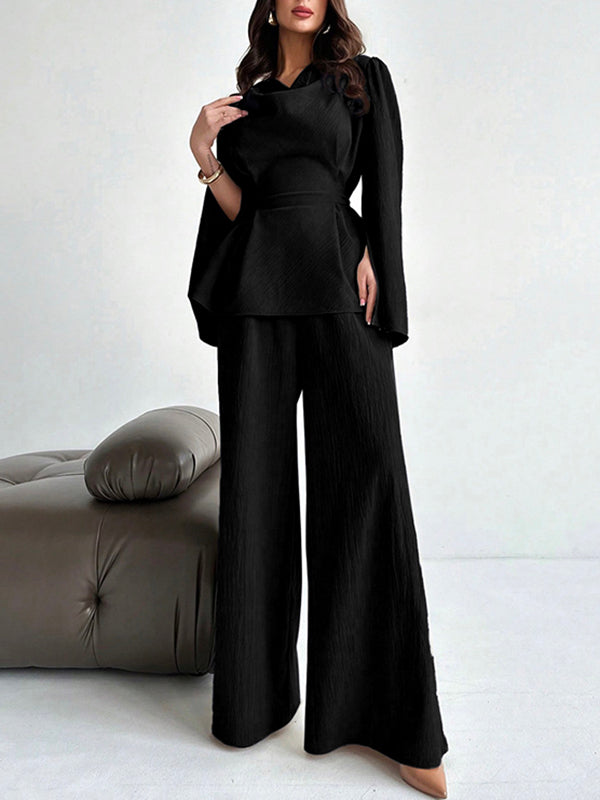 Long Sleeves Solid Color Split-Joint Tied Waist V-Neck Blouses&Shirts Tops