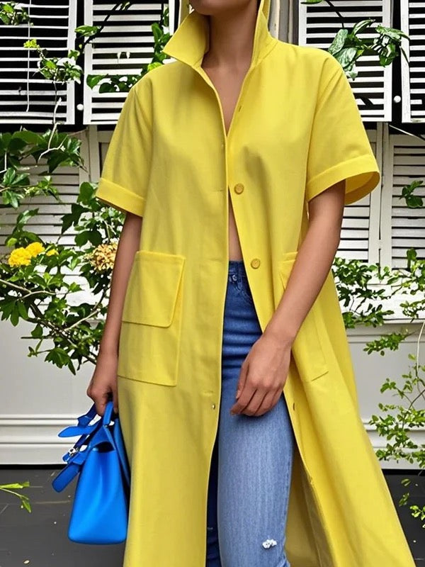 Loose Short Sleeves Buttoned Pockets Solid Color Stand Collar Blouse Outerwear Midi Dress