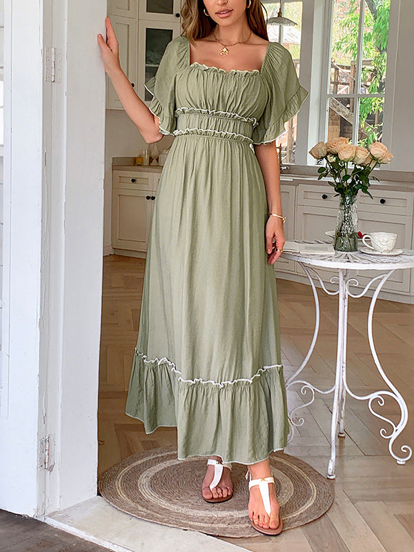 A-Line High Waisted Pleated Ruffle Trim Split-Joint Zipper Square-Neck Midi Dresses