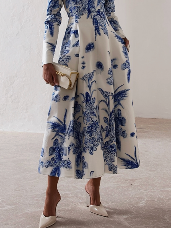 Long Sleeves Skinny Flower Print Square-Neck Midi Dresses