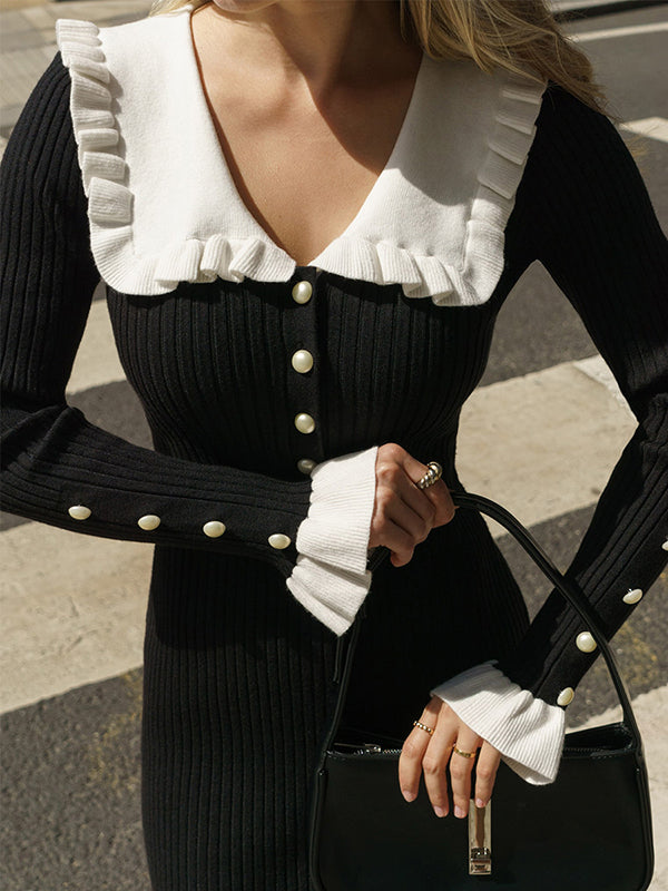 Long Sleeves Pleated Ruffled Split-Joint Peter Pan Collar Midi Dresses Sweater Dresses