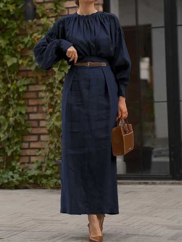 Long Sleeves Pleated Solid Color Split-Joint Round-Neck Blouses&Shirts Tops