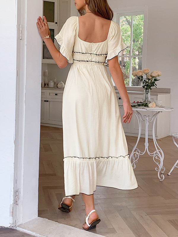 A-Line High Waisted Pleated Ruffle Trim Split-Joint Zipper Square-Neck Midi Dresses