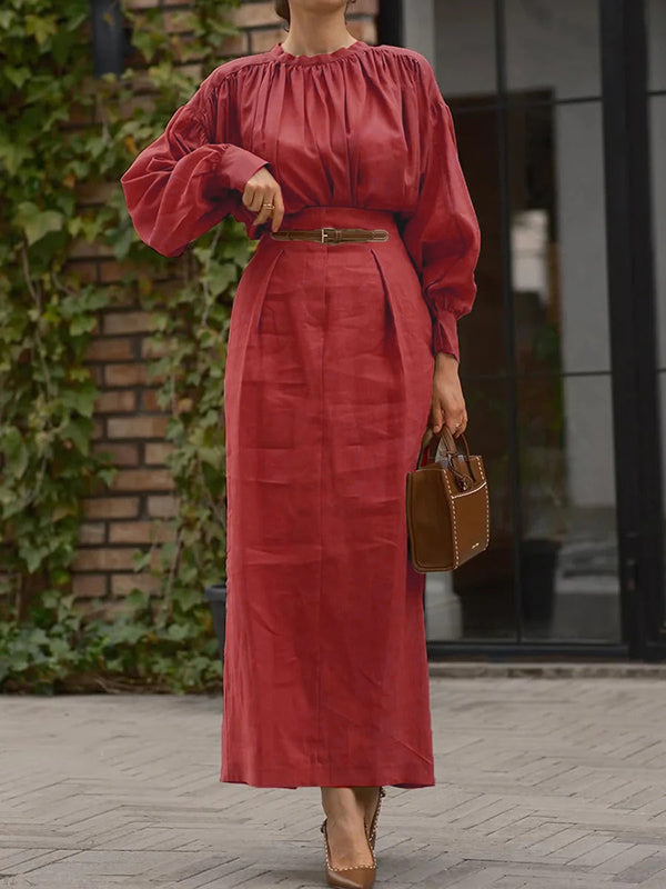 Long Sleeves Pleated Solid Color Split-Joint Round-Neck Blouses&Shirts Tops