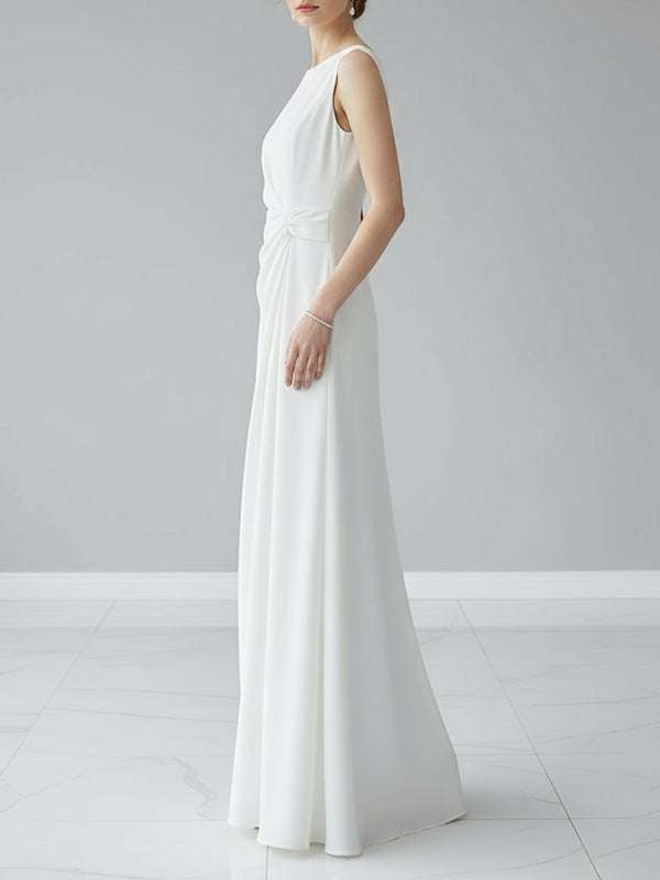Sleeveless Gauze Pleated Solid Color Split-Joint Round-Neck Evening Dresses Maxi Dresses