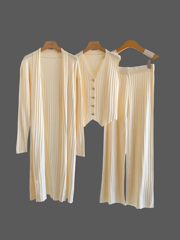 Knitting Sleeveless V-Neck Vest Top + Long Sleeves Cardigan + High Waisted Pants Three Pieces Set