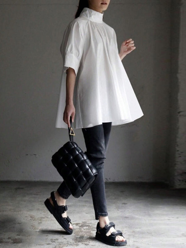 Half Sleeves Loose Solid Color High Neck Blouses&Shirts Tops