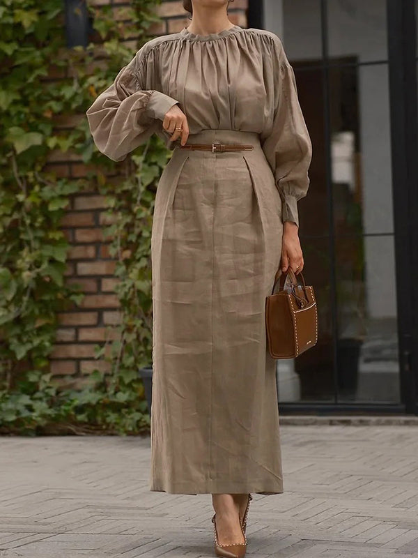 Long Sleeves Pleated Solid Color Split-Joint Round-Neck Blouses&Shirts Tops