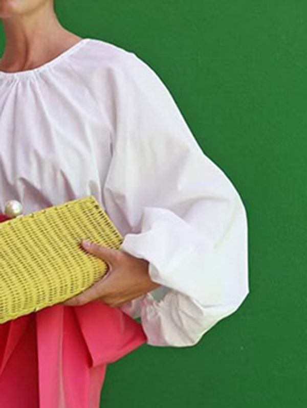 Loose Puff Sleeves Pleated Solid Color Split-Joint Round-Neck Blouses&Shirts Tops