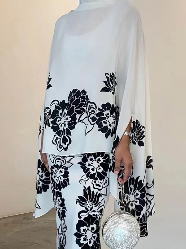 Batwing Sleeves Loose Flower Print Mock Neck Blouses&Shirts Tops