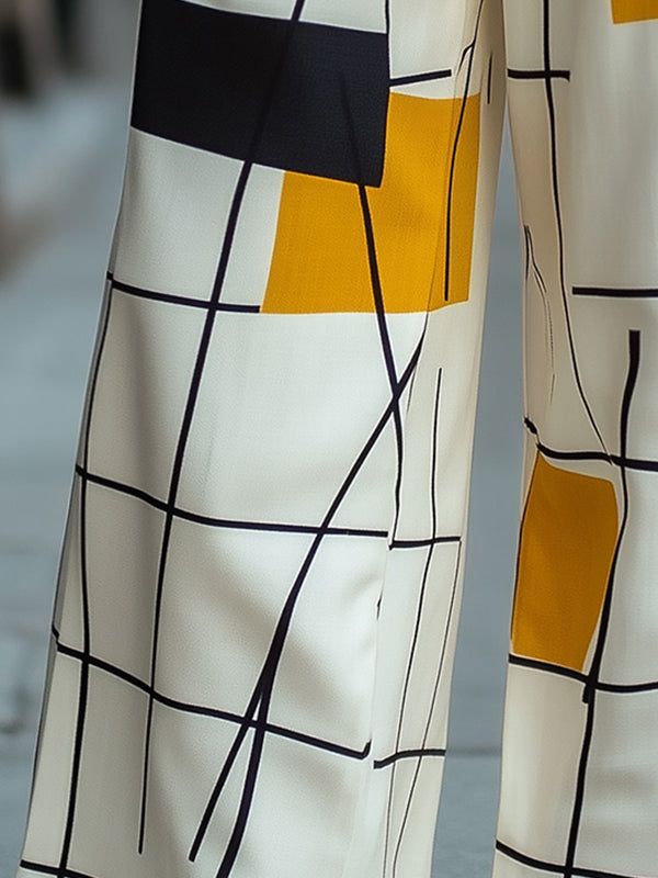 High Waisted Loose Asymmetric Printed Split-Joint Pants Trousers