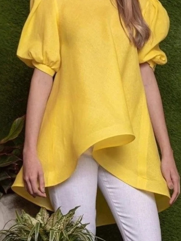 High-Low Loose Pleated Solid Color Round-Neck Blouses&Shirts Tops