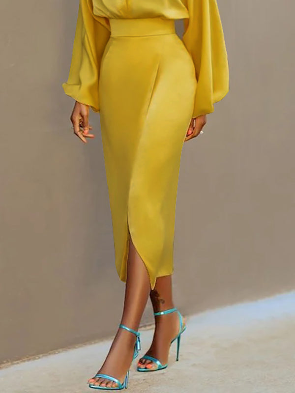 Bodycon High Waisted Solid Color Split-Front Skirts Bottoms