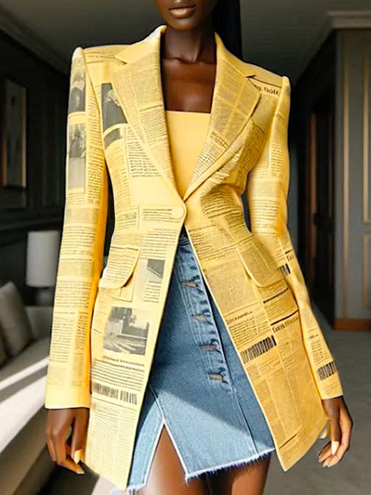 Long Sleeves Newspaper Print Split-Joint Lapel Blazer Suits