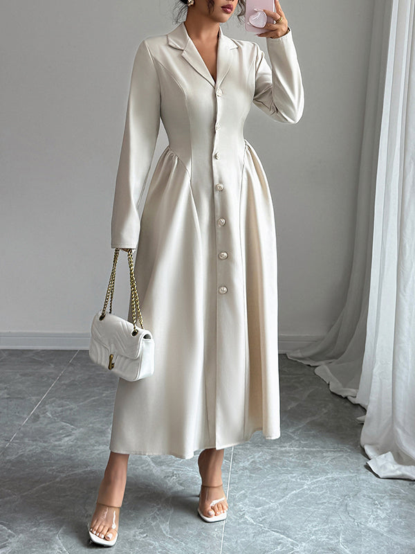 A-Line High Waisted Buttoned Pleated Solid Color Split-Joint Notched Collar Maxi Dresses Shirt Dress