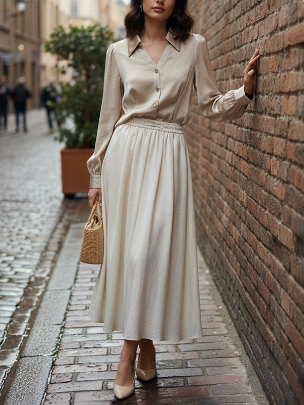 Long Sleeves Loose Buttoned Pleated Solid Color Lapel Blouses&Shirts Tops