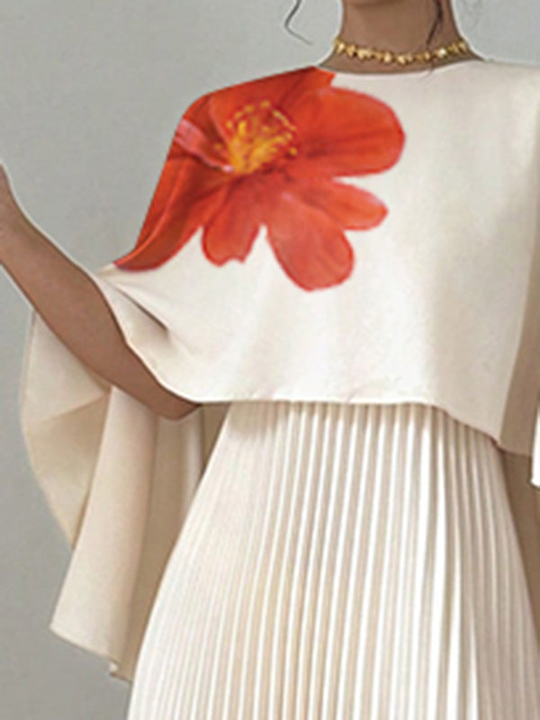 Cape Loose Floral Printed Pleated Split-Joint Round-Neck Evening Dresses Maxi Dresses