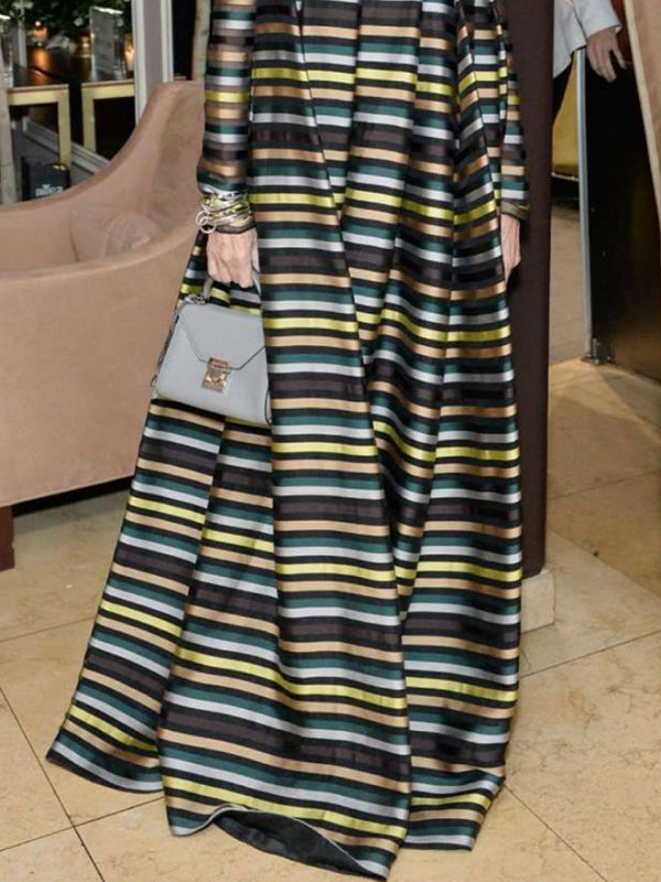 Long Sleeves Loose Multi-Colored Pleated Striped High Neck Maxi Dresses