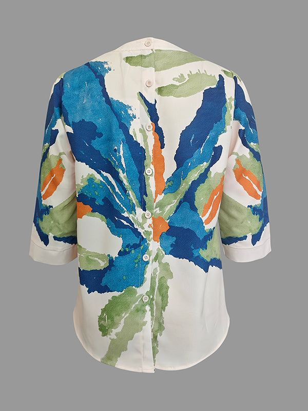 Half Sleeves Loose Buttoned Contrast Color Flower Print Round-neck T-Shirts Tops