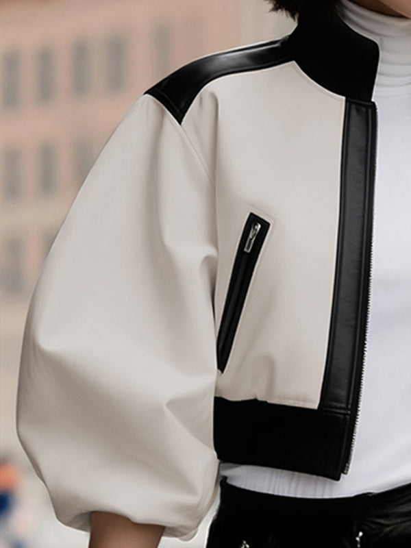 Puff Sleeves Contrast Color Split-Joint Zipper Stand Collar Jackets&Coats