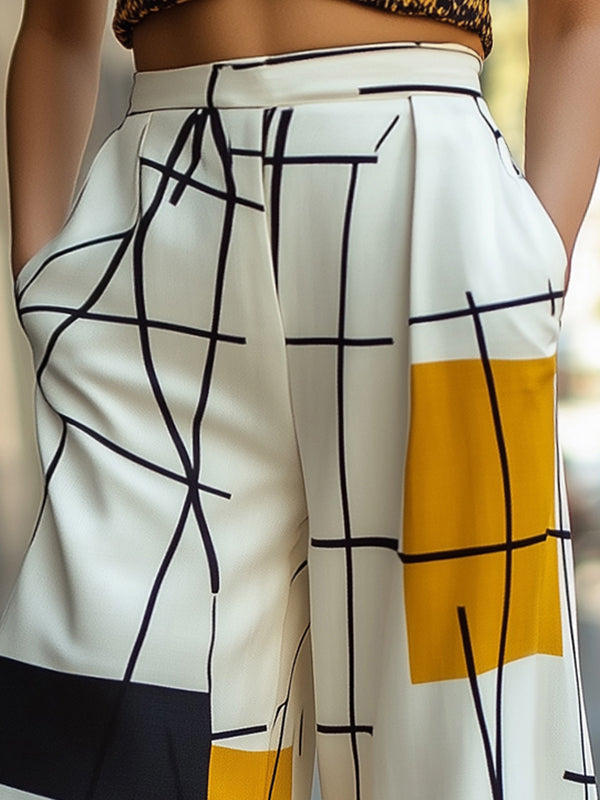 High Waisted Loose Asymmetric Printed Split-Joint Pants Trousers