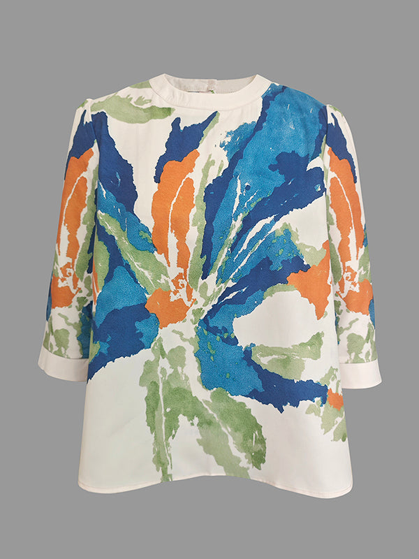 Half Sleeves Loose Buttoned Contrast Color Flower Print Round-neck T-Shirts Tops