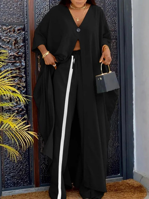 Batwing Sleeves Split-Front V-Neck Cover-Ups Tops + High Waisted Elasticity Pants Two Pieces Set