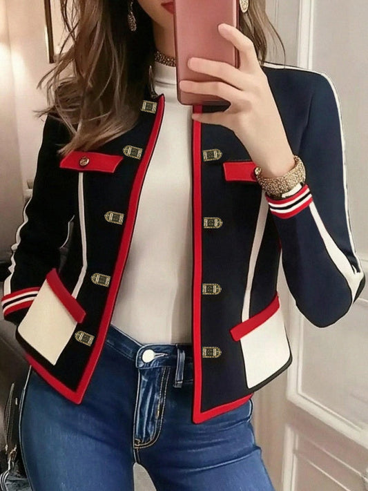 Long Sleeves Buttoned Contrast Color Pockets Mock Neck Jackets Outerwear