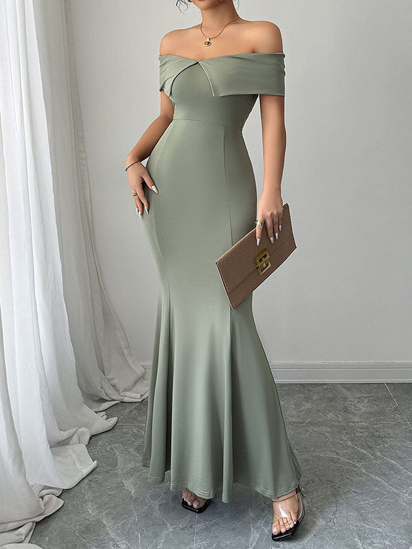 Bodycon High Waisted Solid Color Zipper Off-The-Shoulder Maxi Dresses
