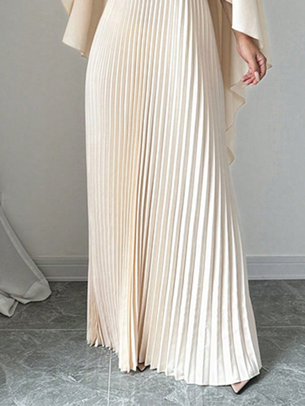 Cape Loose Floral Printed Pleated Split-Joint Round-Neck Evening Dresses Maxi Dresses