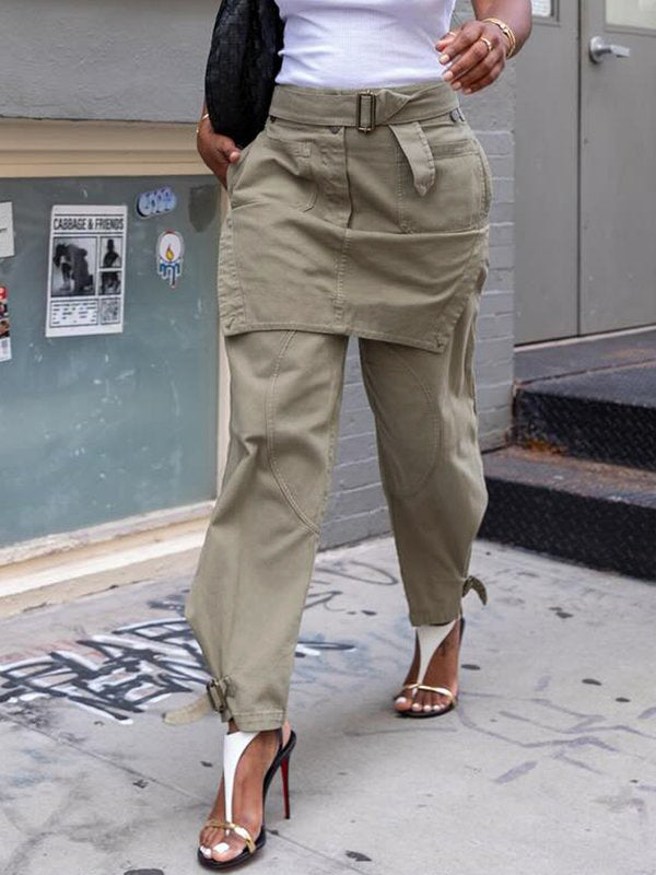 Loose Buckle Solid Color Split-Joint Pants Trousers