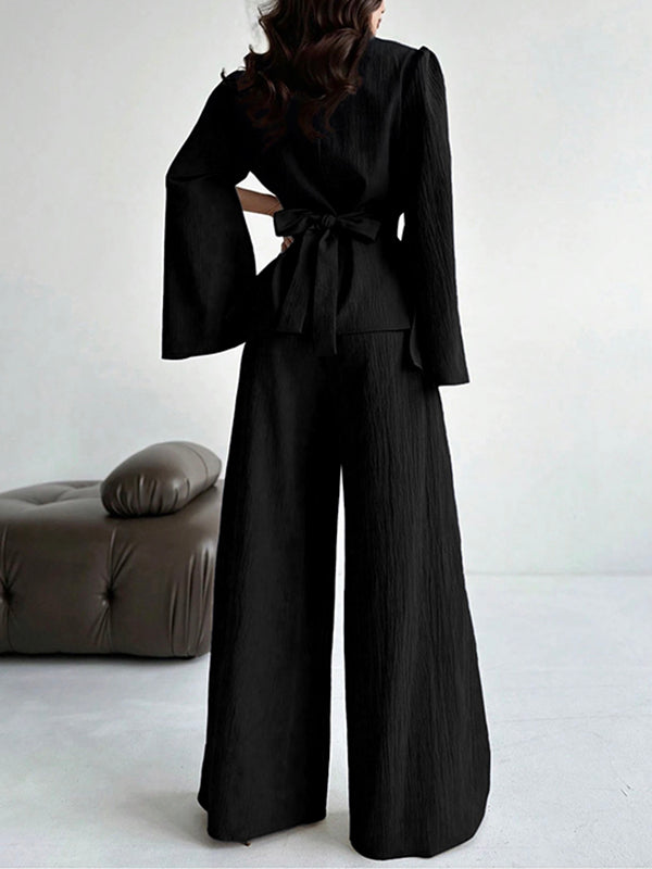 Long Sleeves Solid Color Split-Joint Tied Waist V-Neck Blouses&Shirts Tops