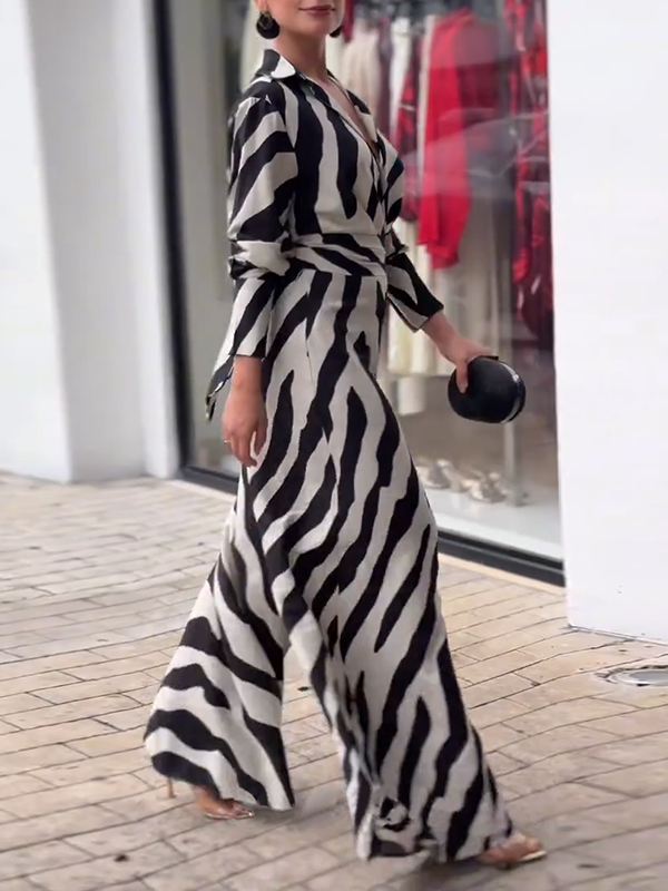 Long Sleeves Wide Leg Split-Joint Tied Waist Zebra Printed Lapel Jumpsuits