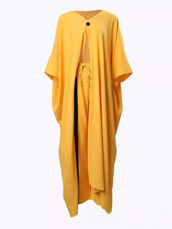 Batwing Sleeves Split-Front V-Neck Cover-Ups Tops + High Waisted Elasticity Pants Two Pieces Set