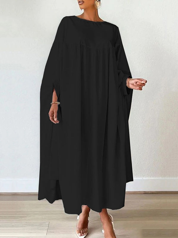 Batwing Sleeves Long Sleeves Solid Color Round-Neck Maxi Dresses