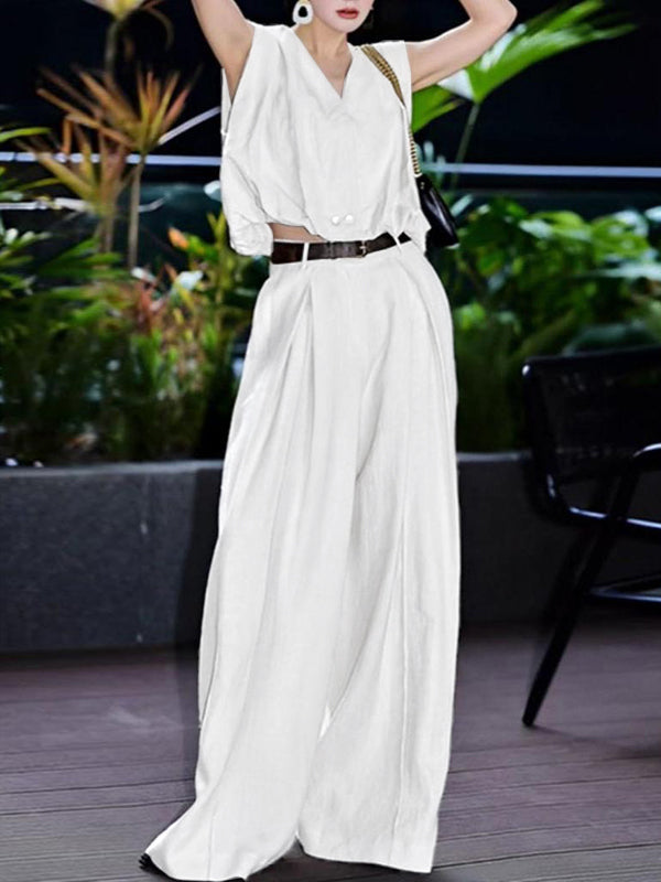Loose Sleeveless Pleated Split-Joint V-Neck Blouses&Shirts Tops