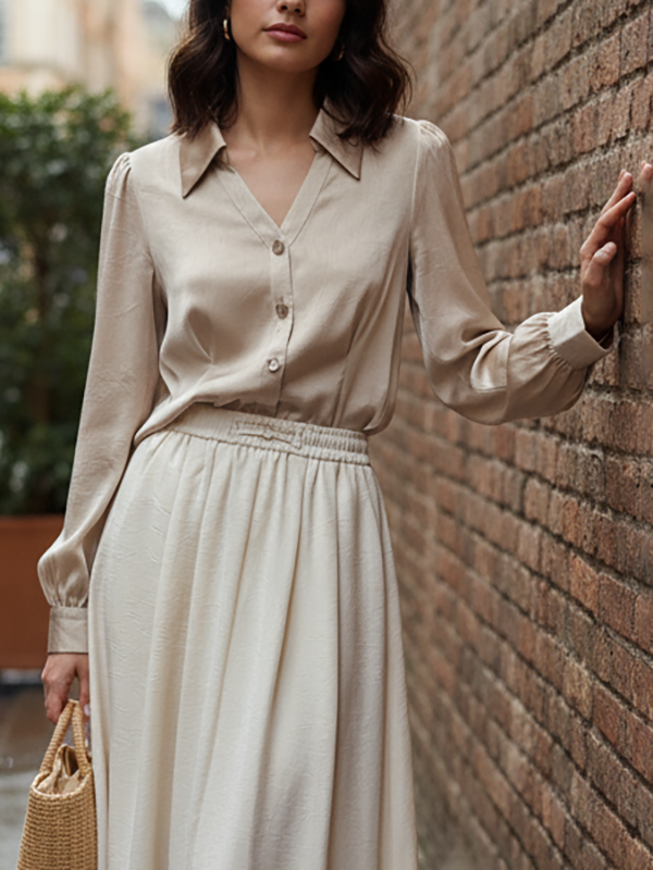 Long Sleeves Loose Buttoned Pleated Solid Color Lapel Blouses&Shirts Tops