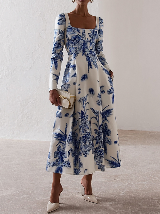 Long Sleeves Skinny Flower Print Square-Neck Midi Dresses
