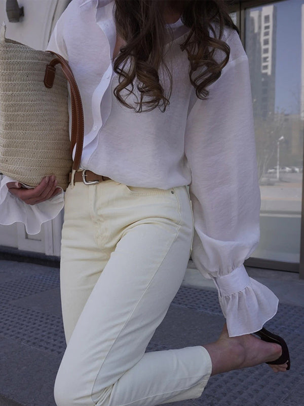 Loose Puff Sleeves Pleated Solid Color Split-Joint Lapel Blouses&Shirts Tops