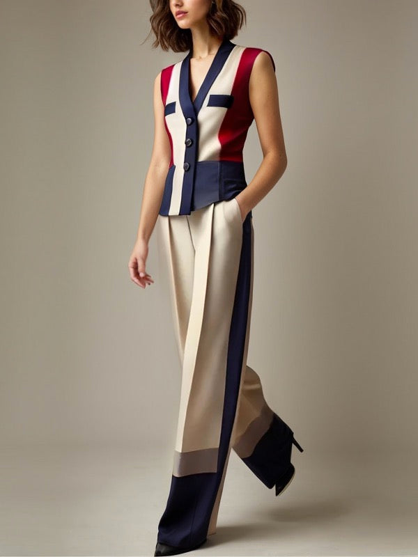 Sleeveless Buttoned Contrast Color V-Neck Vest Top